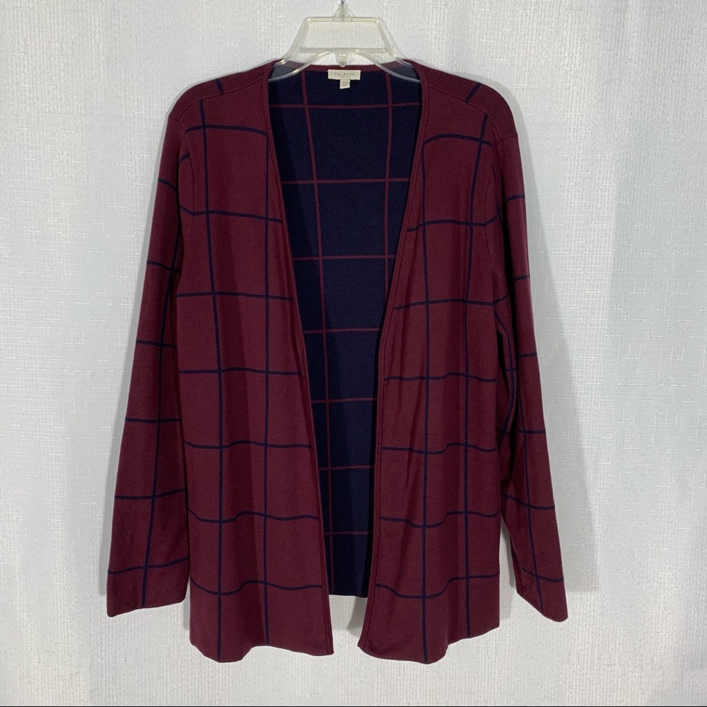 TALBOTS Windowpane Plaid Cotton Blend Open Front Cardigan Top